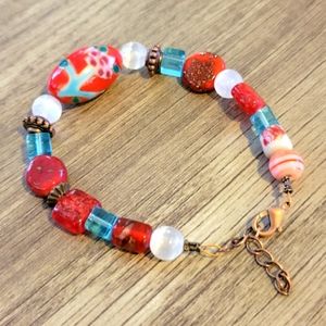 Hand Painted Red and Turquoise Ceramic Beaded Bracelet Handmade by Lynn Smythe